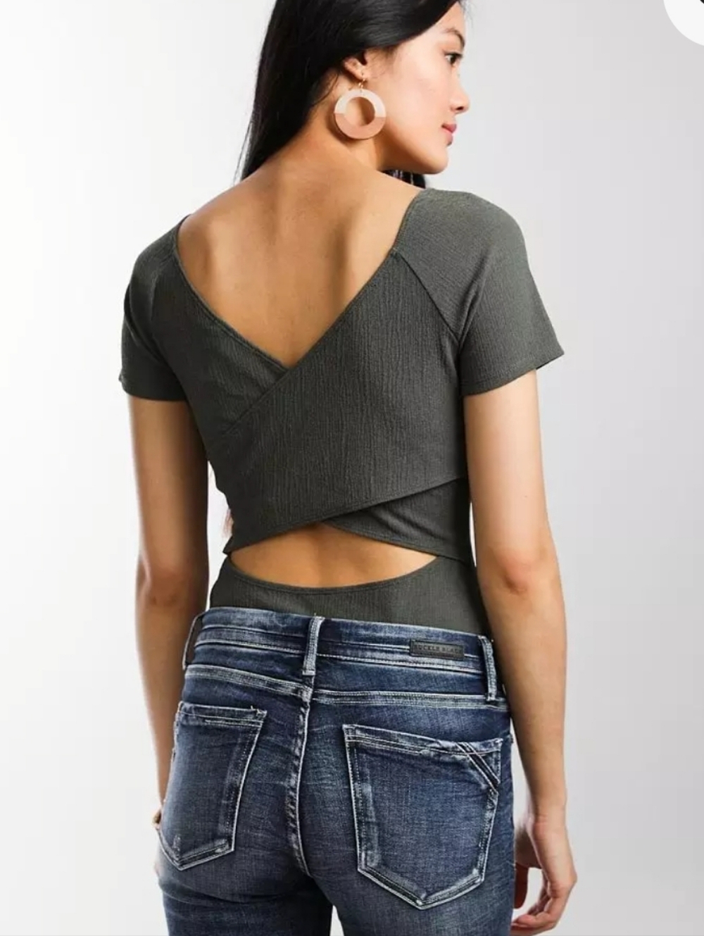 Red by BKE Criss Cross Back Cut-Out Bodysuit. Sedona Sage. Size Large